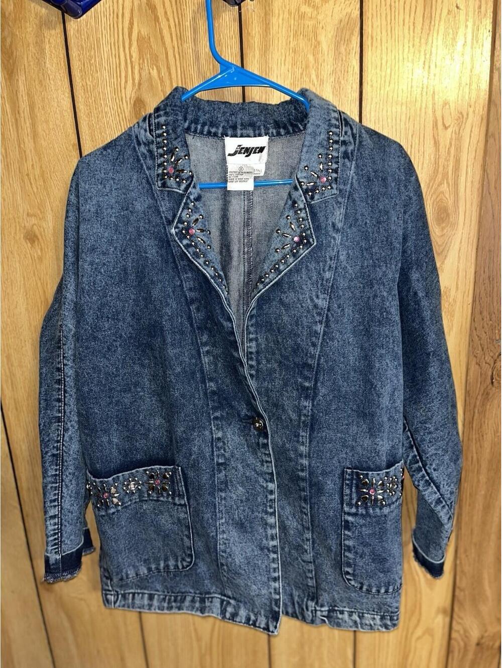 Vintage Jensen Denim Blazer Rhinestone Oversized Jean Jacket Women's Size S